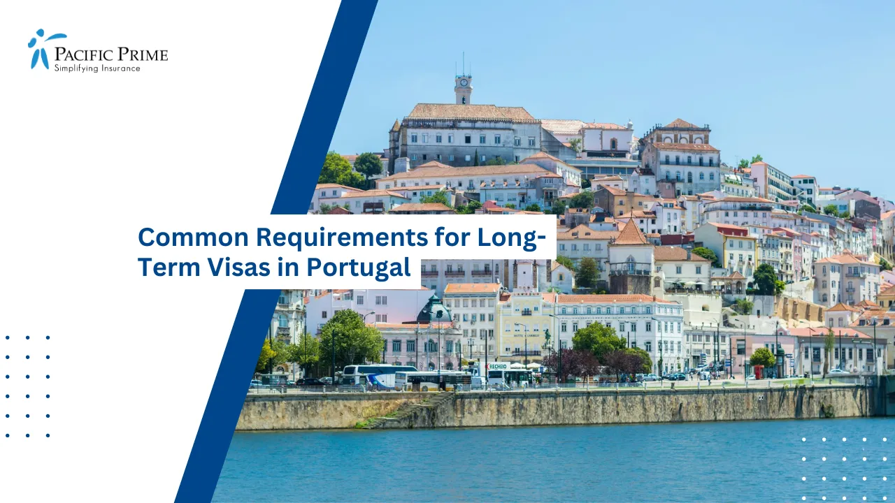Image of Colorful Houses In Coimbra, Portugal Under Blue Sky And Dramatic Clouds with text overlay of "Common Requirements for Long-Term Visas in Portugal"