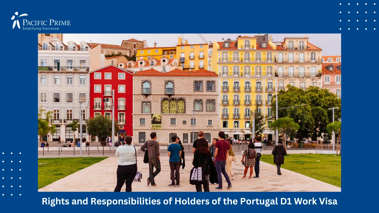 Image of Colorful Lisbon Street With Tourists Walking Among Vibrant Buildings with text overlay of "Rights and Responsibilities of Holders of the Portugal D1 Work Visa"