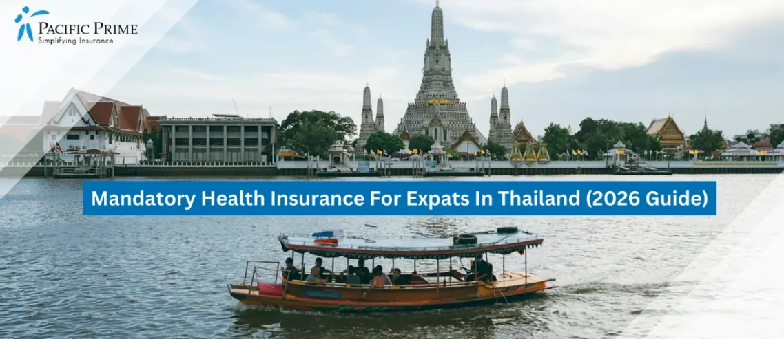 Image of Colorful Riverboat Passing Wat Arun Temple Along Bangkok’s Chao Phraya River In Daylight with text overlay of "Mandatory Health Insurance For Expats In Thailand (2026 Guide)"