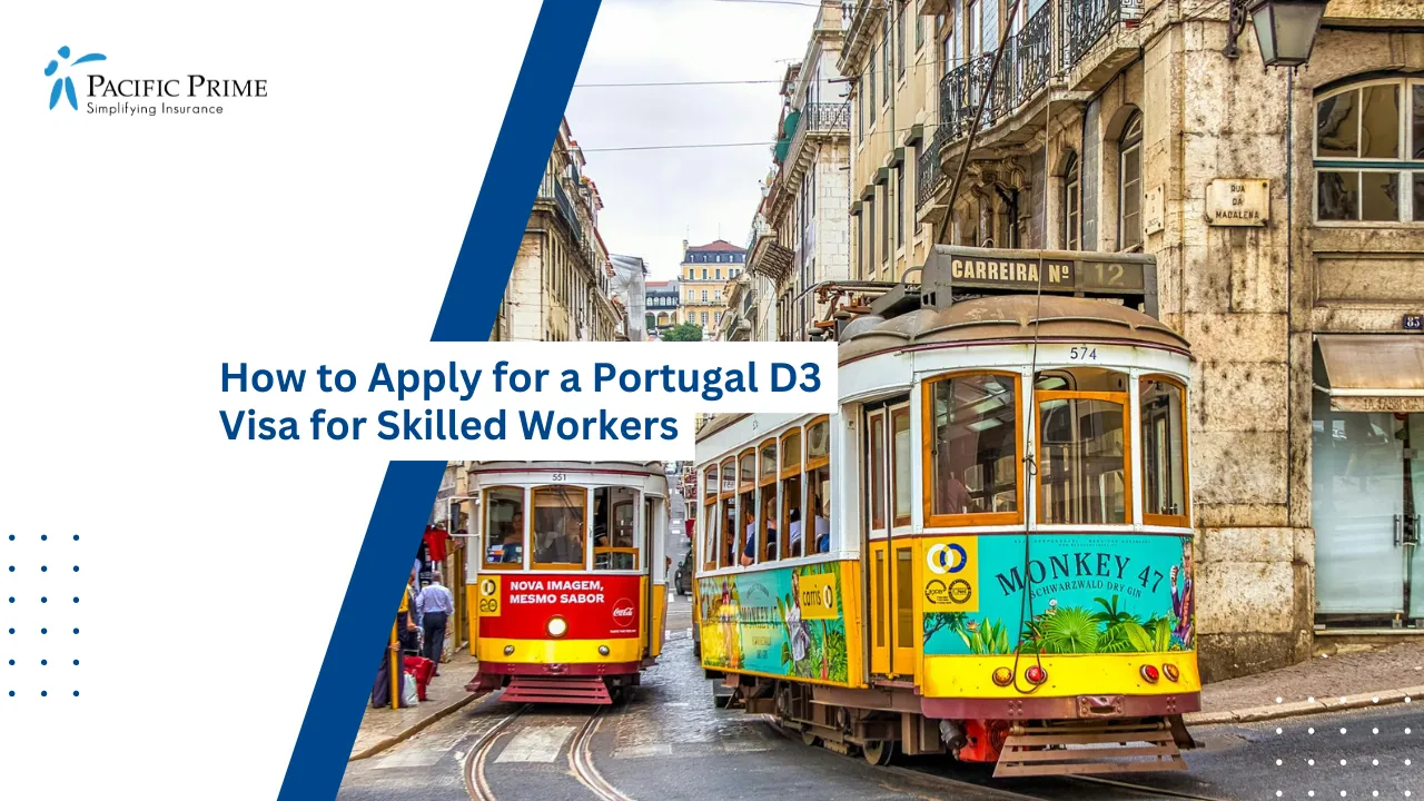 Image of Colorful Trams Passing Through A Lively Lisbon Street With Historic Architecture with text overlay of "How to Apply for a Portugal D3 Visa for Skilled Workers"