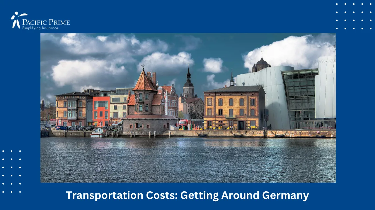 Image of Colorful Waterfront Buildings In Historic Stralsund, Germany with text overlay of "Transportation Costs: Getting Around Germany"