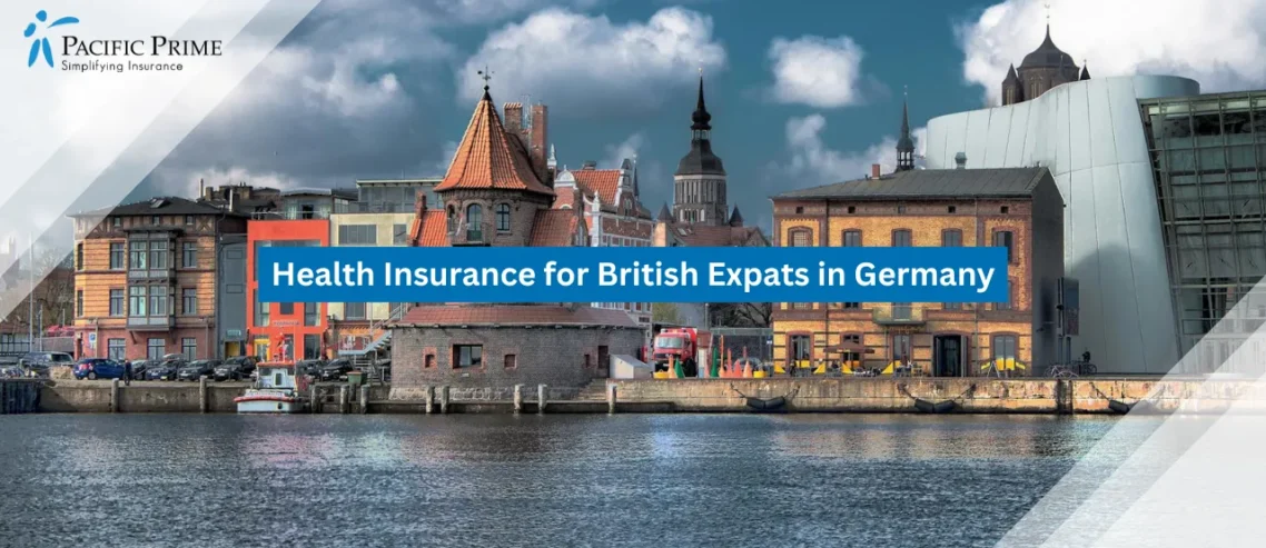 Image of Colorful Waterfront Buildings In Stralsund Showcasing Historic Architecture with text overlay of "Health Insurance for British Expats in Germany"