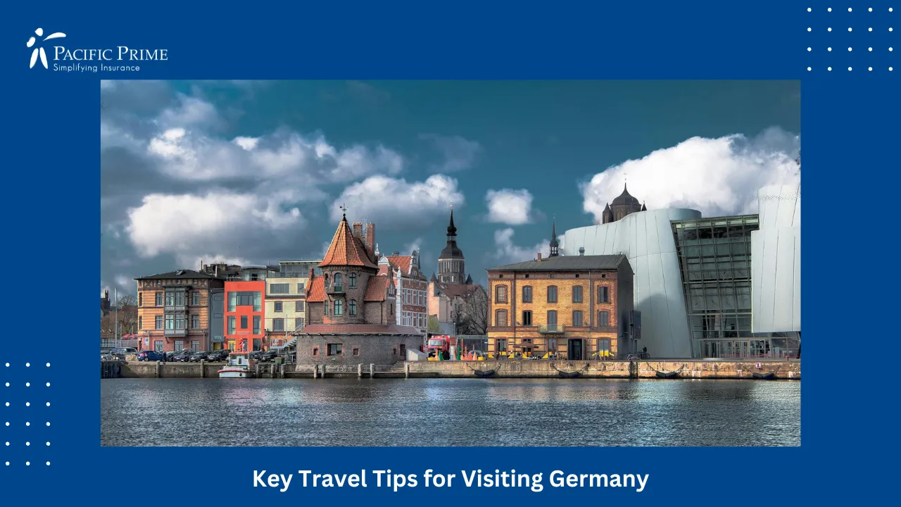 Image of Colorful Waterfront Buildings In Stralsund With Modern And Historic Styles with text overlay of "Key Travel Tips for Visiting Germany"