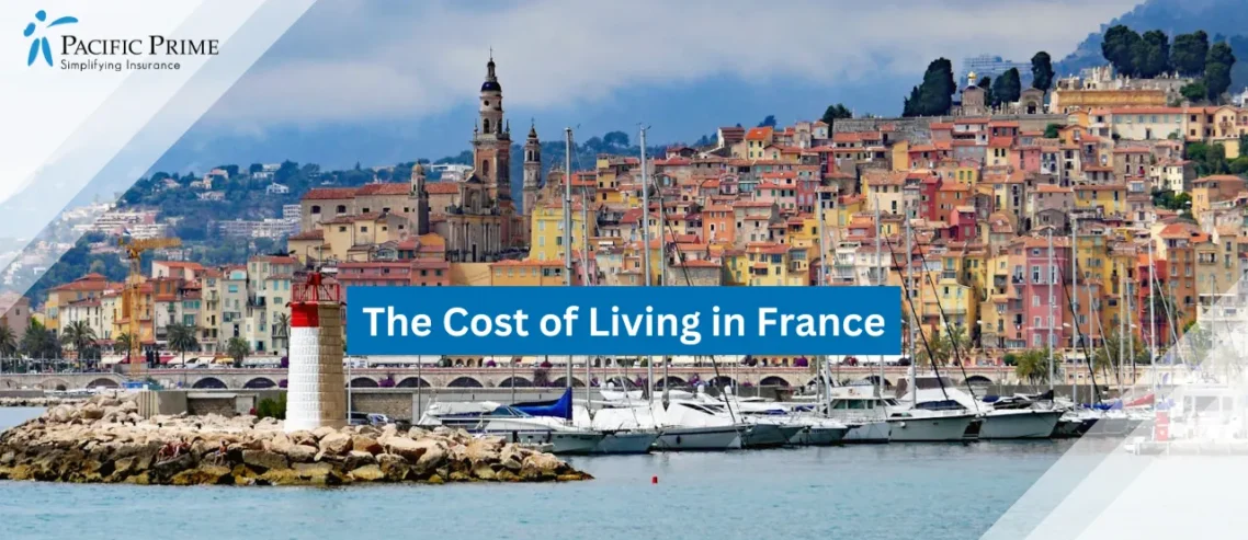 Image of Colorful Waterfront Houses And Lighthouse With Sailboats In Menton, France with text overlay of "The Cost of Living in France"