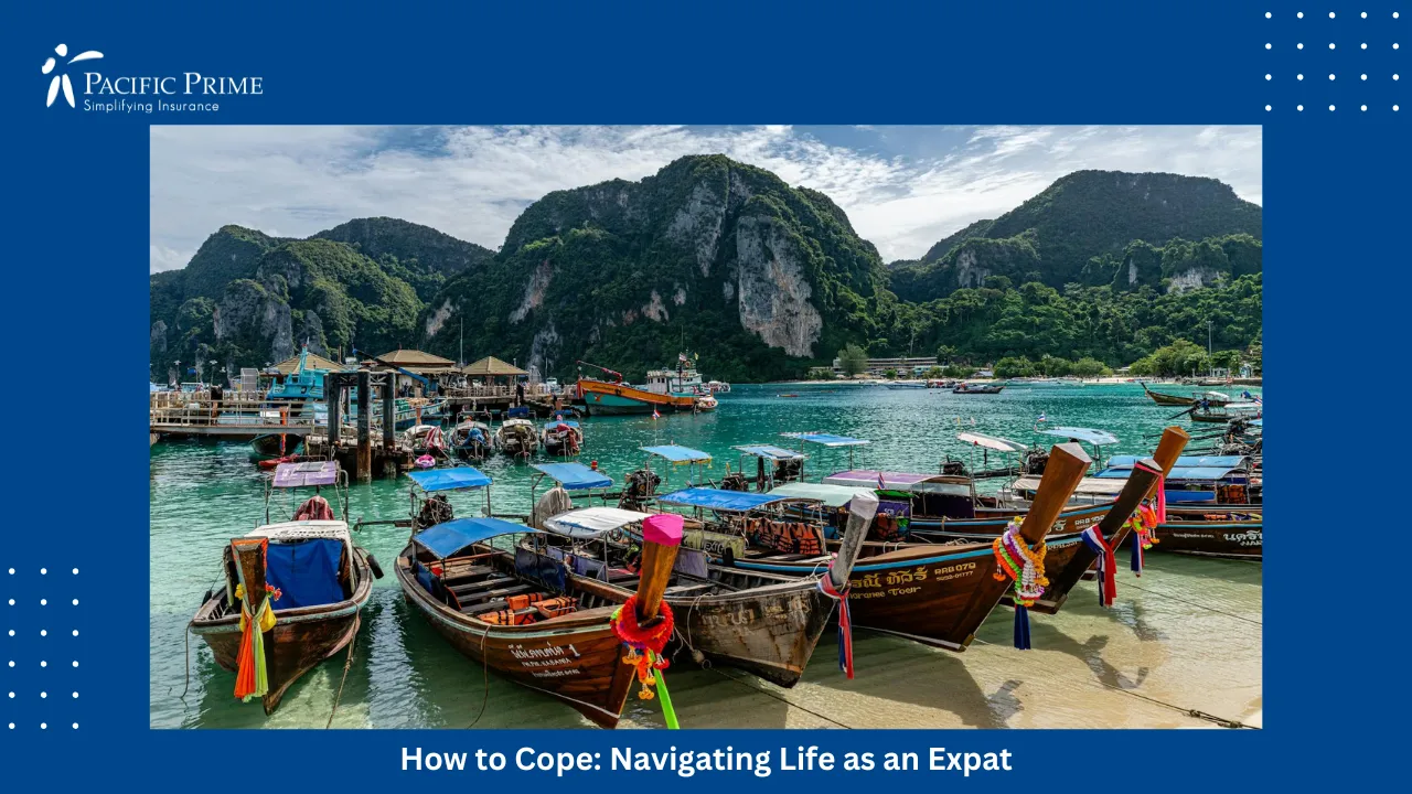 Image of Colorful Wooden Boats Anchored In A Scenic Bay In Phuket, Thailand with text overlay of "How to Cope: Navigating Life as an Expat"
