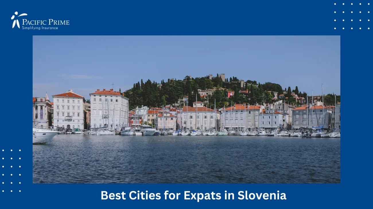 Image of Concrete Building In White And Brown Hues By Water In Piran, Slovenia with text overlay of "Best Cities for Expats in Slovenia"