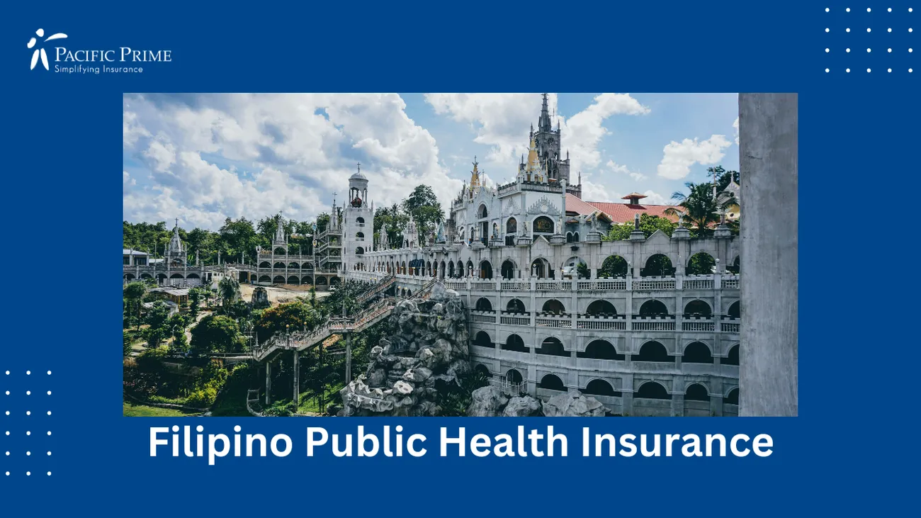 Image of Concrete Building Under Clouds, Daytime In Cebu with text overlay of "Filipino Public Health Insurance"