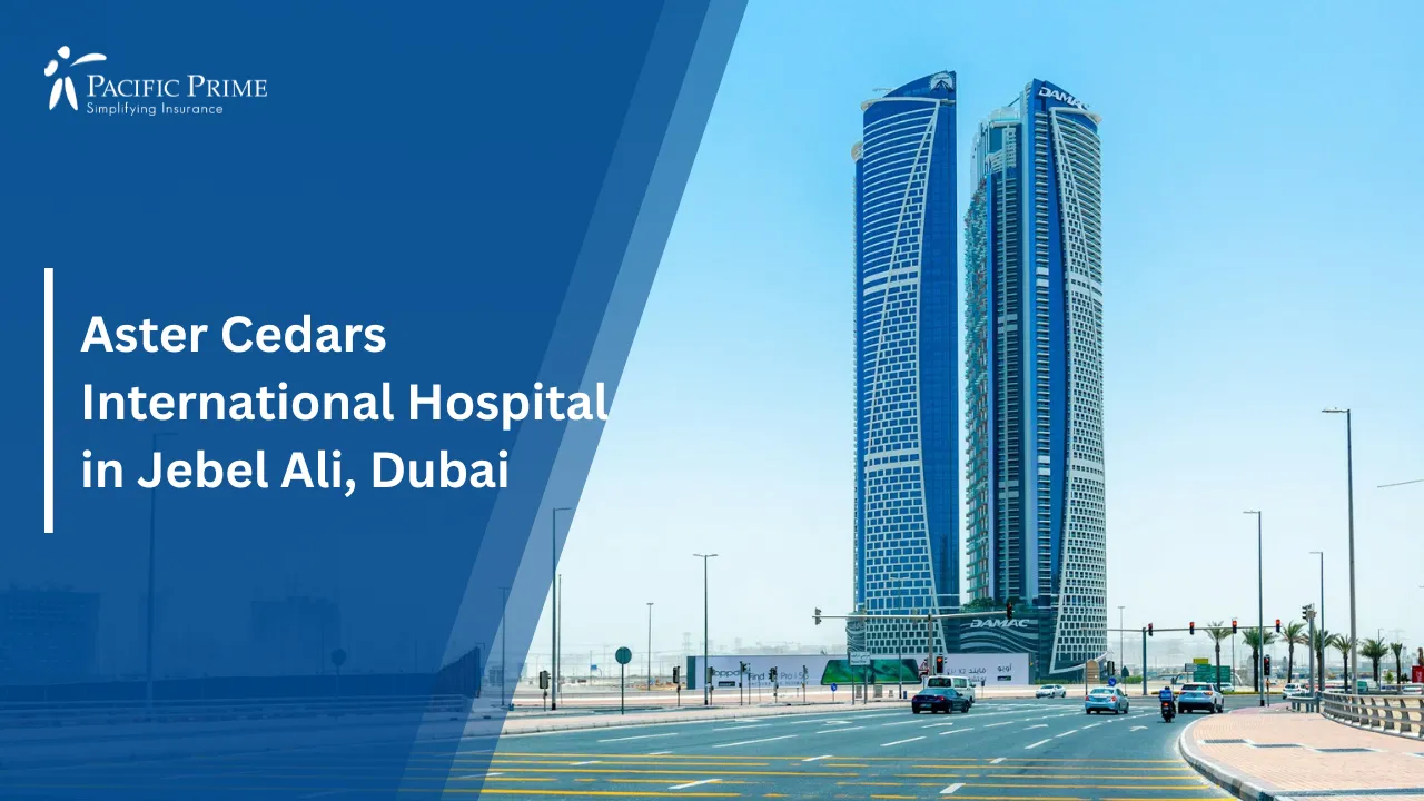 Image of Concrete High-rise In Dubai's Business Bay Under Clear Blue Sky with text overlay of "Aster Cedars International Hospital in Jebel Ali, Dubai"