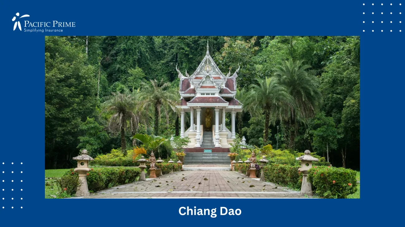 Image of Concrete Temple Nestled Among Green Trees In Chiang Dao, Thailand with text overlay of "Chiang Dao"