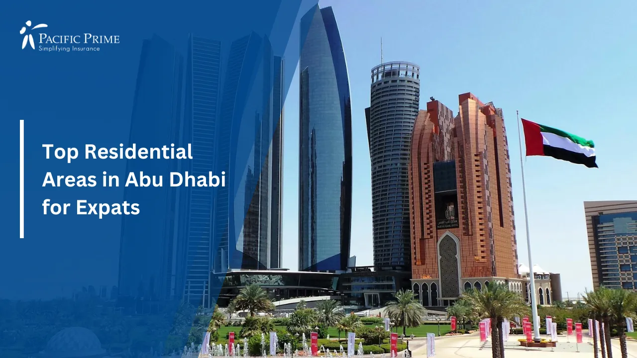 Image of Conrad Abu Dhabi Etihad Towers Against The City Skyline with text overlay of "Top Residential Areas in Abu Dhabi for Expats"