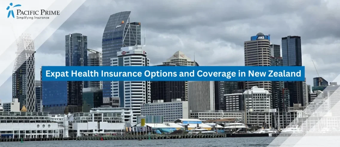 Image of Contemporary Auckland Skyline Overlooking Waitematā Harbour And The Waterfront Promenade with text overlay of "Expat Health Insurance Options and Coverage in New Zealand"