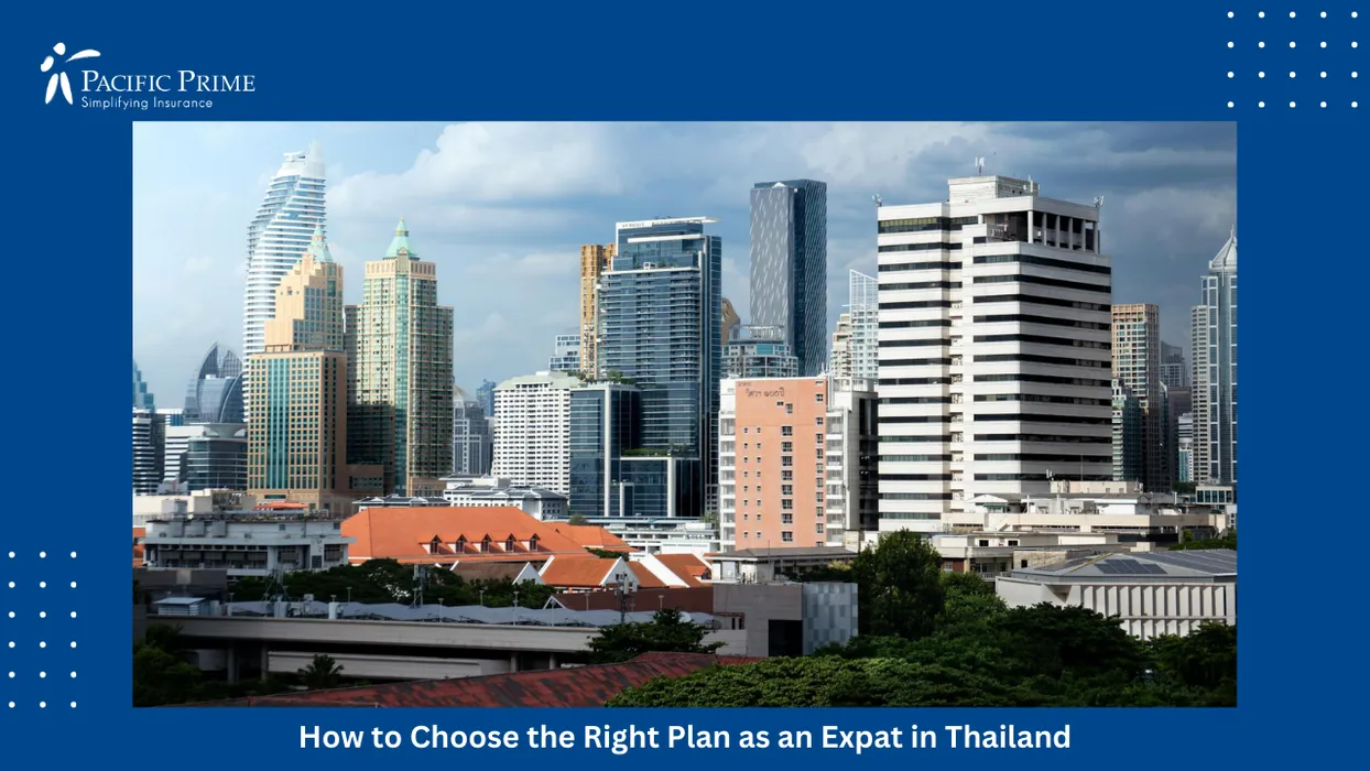 Image of Contemporary Bangkok Skyline Filled With Towering Glass High-rises with text overlay of "How to Choose the Right Plan as an Expat in Thailand"