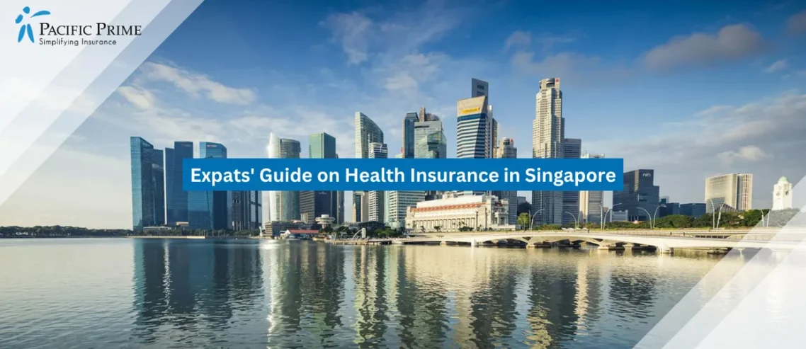 Image of Contemporary Singapore Cityscape With Sleek Towers And Waterfront Skyline with text overlay of "Expats' Guide on Health Insurance in Singapore"