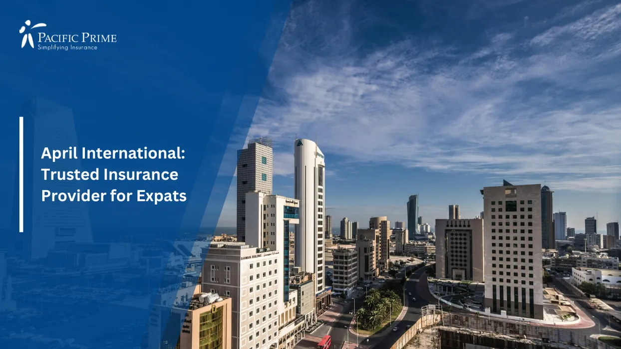 Image of Cool Winter Sunrise Over Sharq District Streets In Kuwait City with text overlay of "April International: Trusted Insurance Provider for Expats"