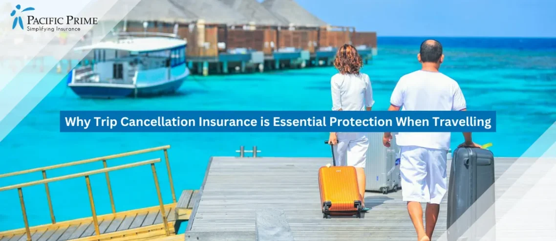 Image of Couple Arriving At Maldives Resort Jetty With Luggage Over Turquoise Waters with text overlay of "Why Trip Cancellation Insurance is Essential Protection When Travelling"