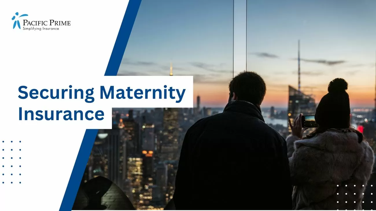Image of Couple Capturing Moments Among Skyscrapers with text overlay of "Securing Maternity Insurance"