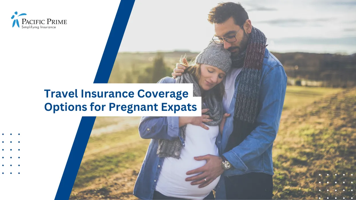 Image of Couple Enjoying Sunset While Awaiting Their Baby's Arrival with text overlay of "Travel Insurance Coverage Options for Pregnant Expats"