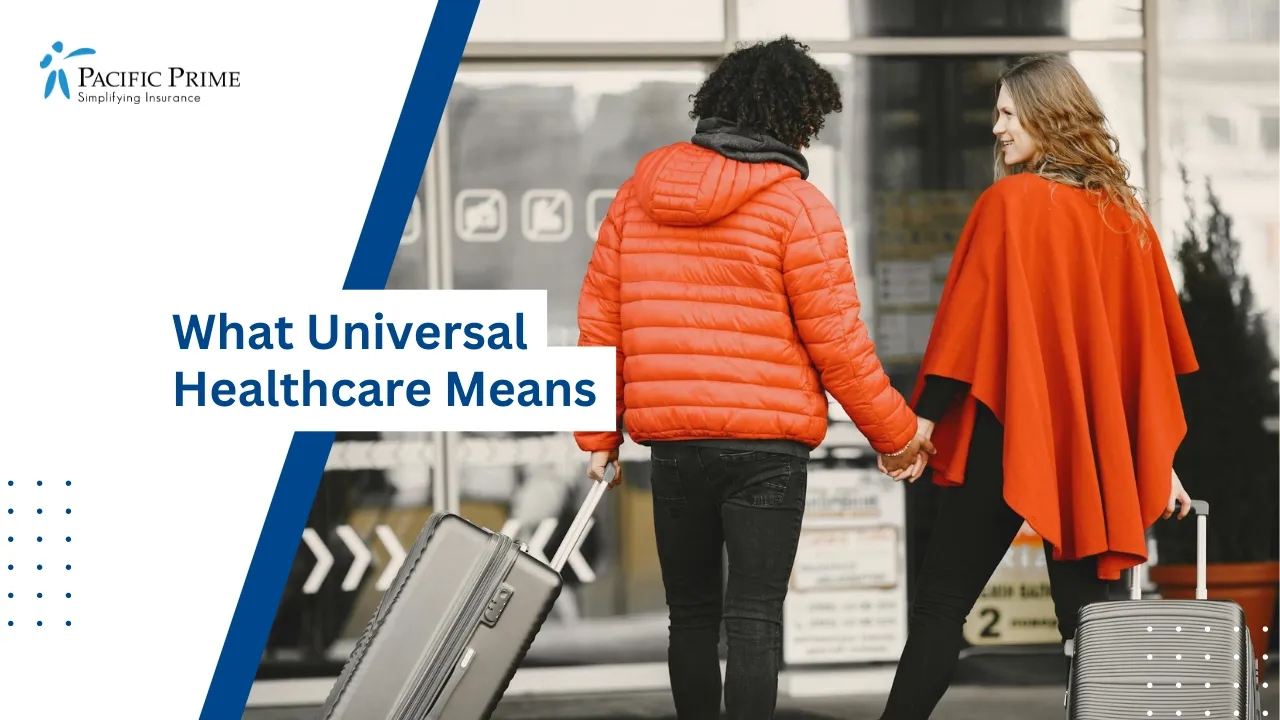 Image of Couple Holding Hands With Luggage While Entering An Airport Terminal with text overlay of "What Universal Healthcare Means"