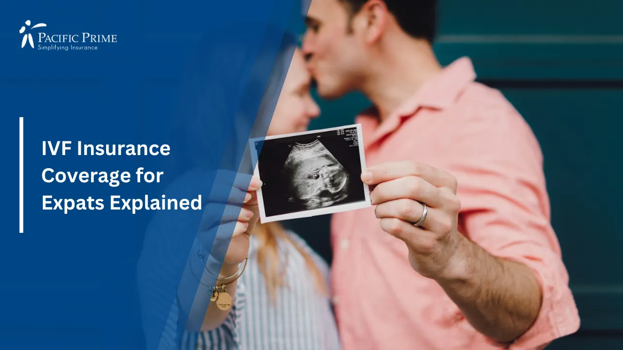 Image of Couple Holding Ultrasound Image Of Their Unborn Baby with text overlay of "IVF Insurance Coverage for Expats Explained"
