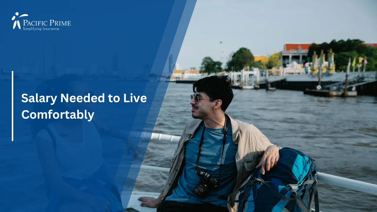 Image of Couple Riding A Boat On The River In Bangkok with text overlay of "Salary Needed to Live Comfortably"