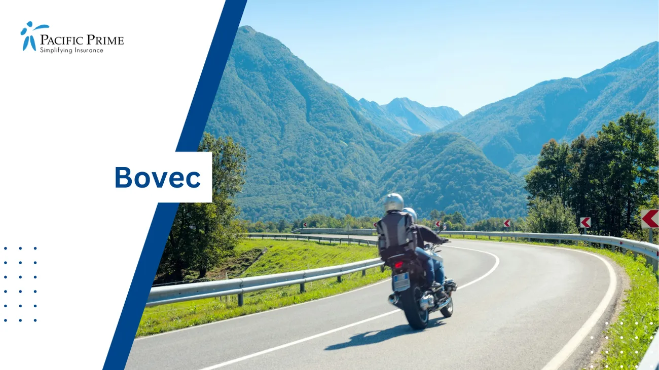 Image of Couple Riding Motorbikes On Alpine Road With Mountains In Bovec, Slovenia with text overlay of "Bovec"