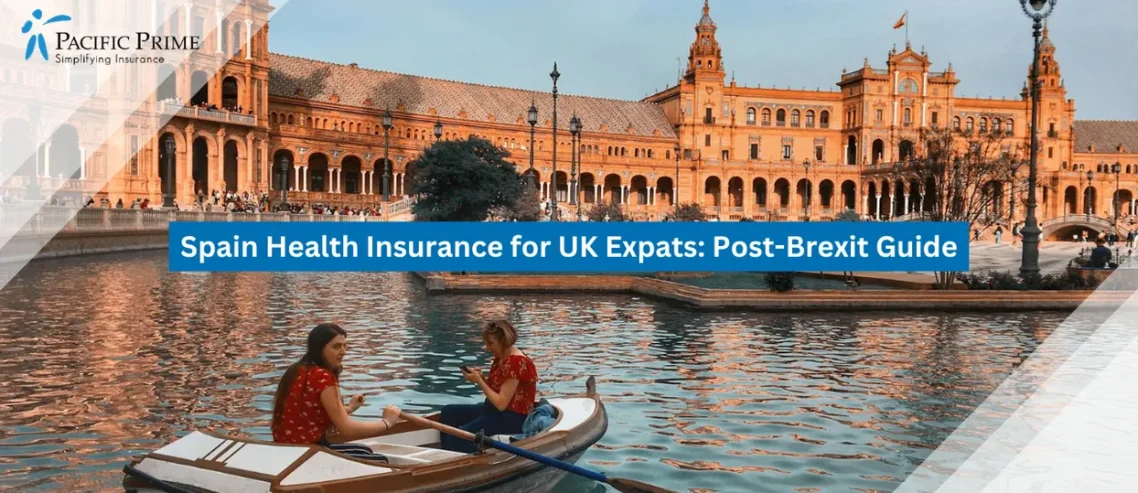Image of Couple Rowing A Small Boat Across Calm Water Under Clear Skies with text overlay of "Spain Health Insurance for UK Expats: Post-Brexit Guide"