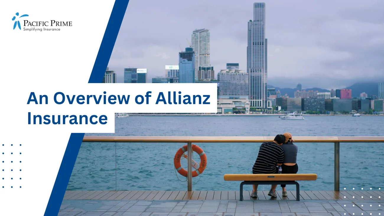 Image of Couple Sits On A Bench Along A Hong Kong Promenade with text overlay of "An Overview of Allianz Insurance"