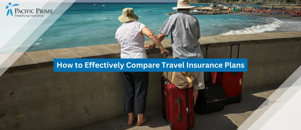 Image of Couple Standing By Seawall Overlooking The Beach In Monterosso Al Mare, Italy with text overlay of "How to Effectively Compare Travel Insurance Plans"