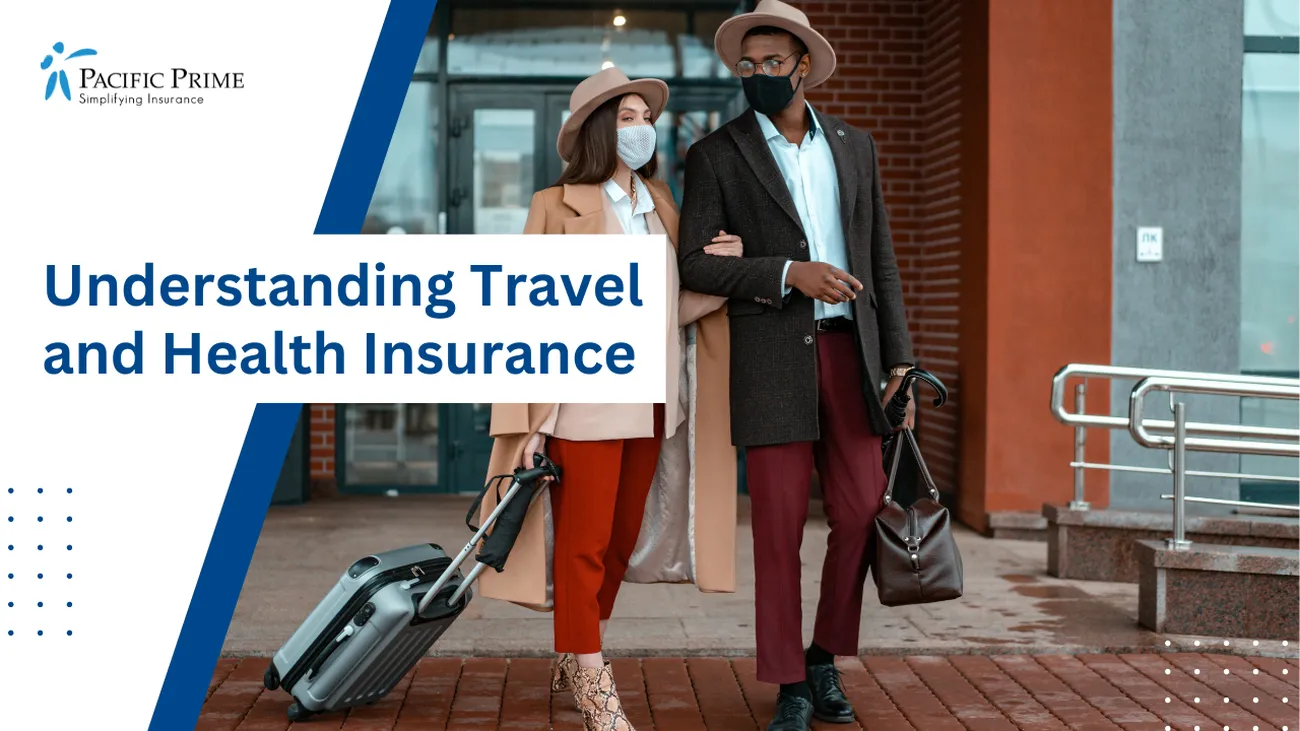 Image of Couple Standing Outside A Hotel Entrance with text overlay of "Understanding Travel and Health Insurance"