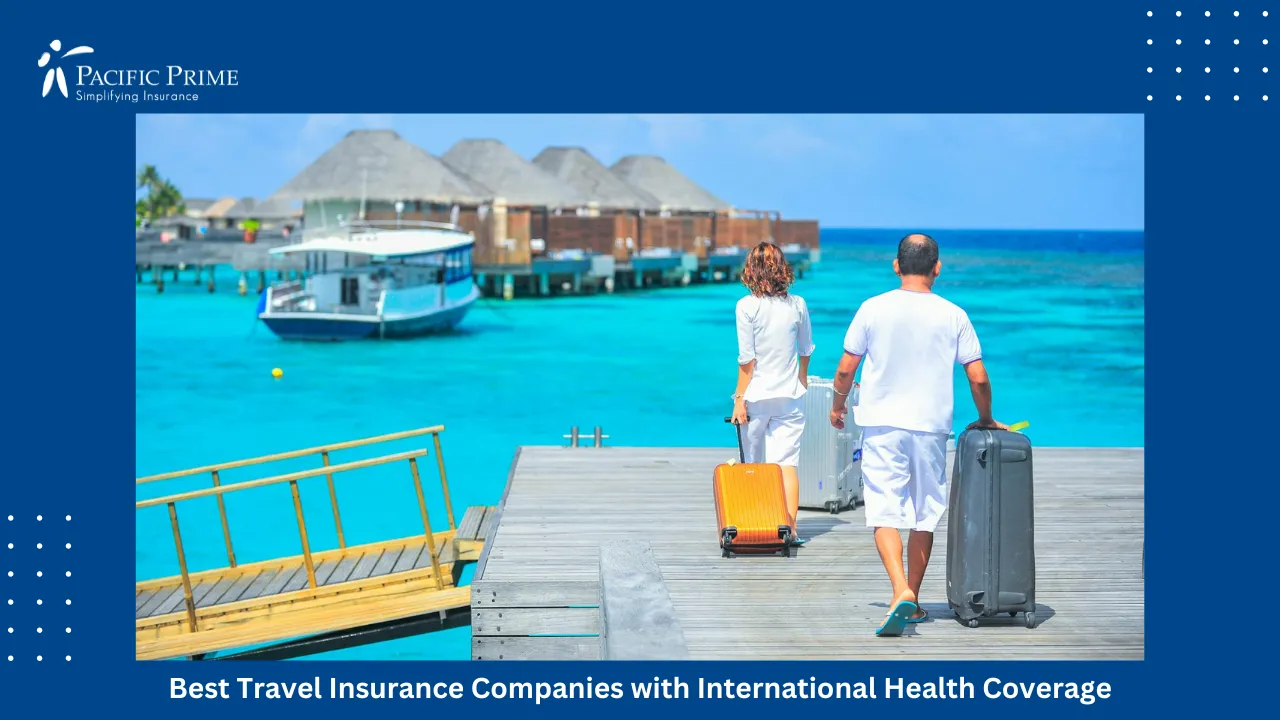 Image of Couple Walking On A Resort Dock With Luggage In The Maldives with text overlay of "Best Travel Insurance Companies with International Health Coverage"