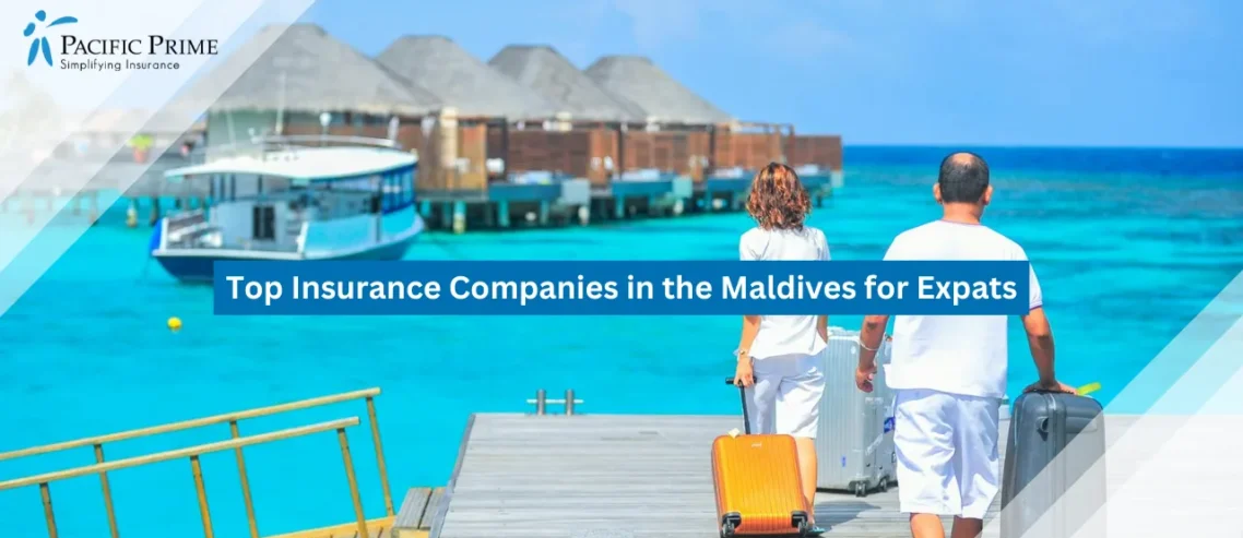 Image of Couple Walking On A Wooden Dock In Maldives with text overlay of "Top Insurance Companies in the Maldives for Expats"