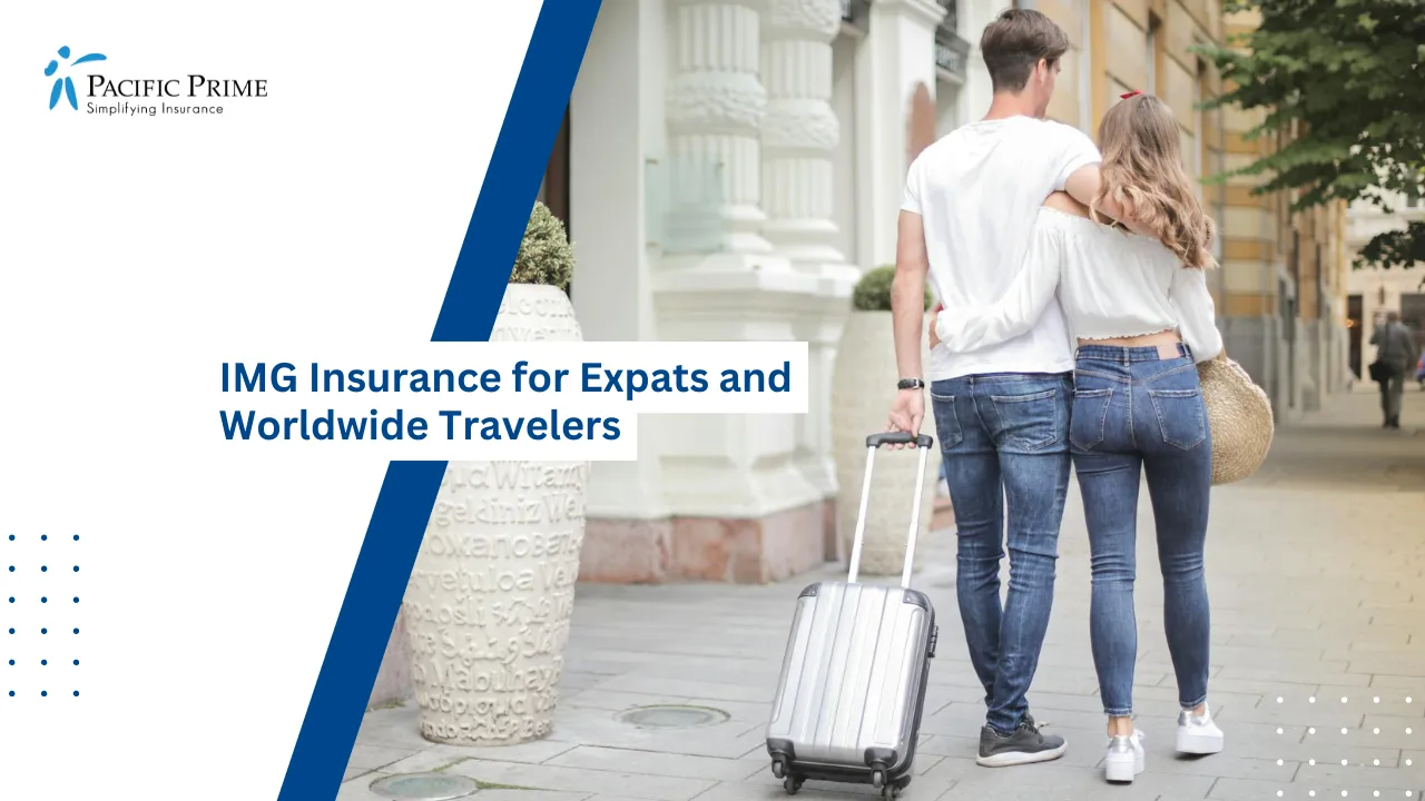 Image of Couple Walking With Luggage And Hugging During Vacation Stroll with text overlay of "Exploring IMG Insurance for International Travelers"