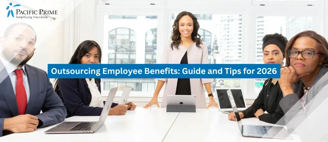 Image of Coworkers Discussing Strategy In A Boardroom Meeting with text overlay of "Outsourcing Employee Benefits: Guide and Tips for 2026"