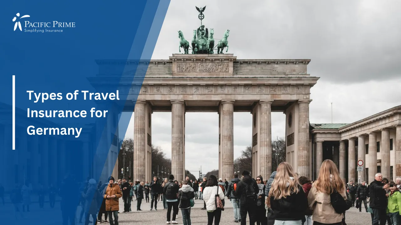 Image of Crowd At Brandenburg Gate In Berlin Under A Cloudy Sky with text overlay of "Types of Travel Insurance for Germany"