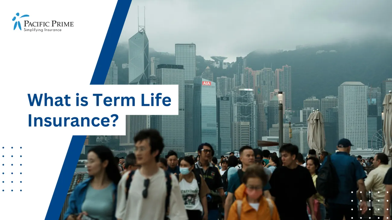 Image of Crowd Crossing A Bridge In Tsim Sha Tsui East, Hong Kong with text overlay of "What is Term Life Insurance?"