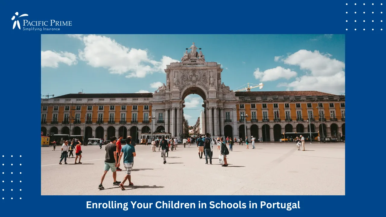 Image of Crowd Gathered At Praça Do Comércio In Lisbon, Portugal with text overlay of "Enrolling Your Children in Schools in Portugal"