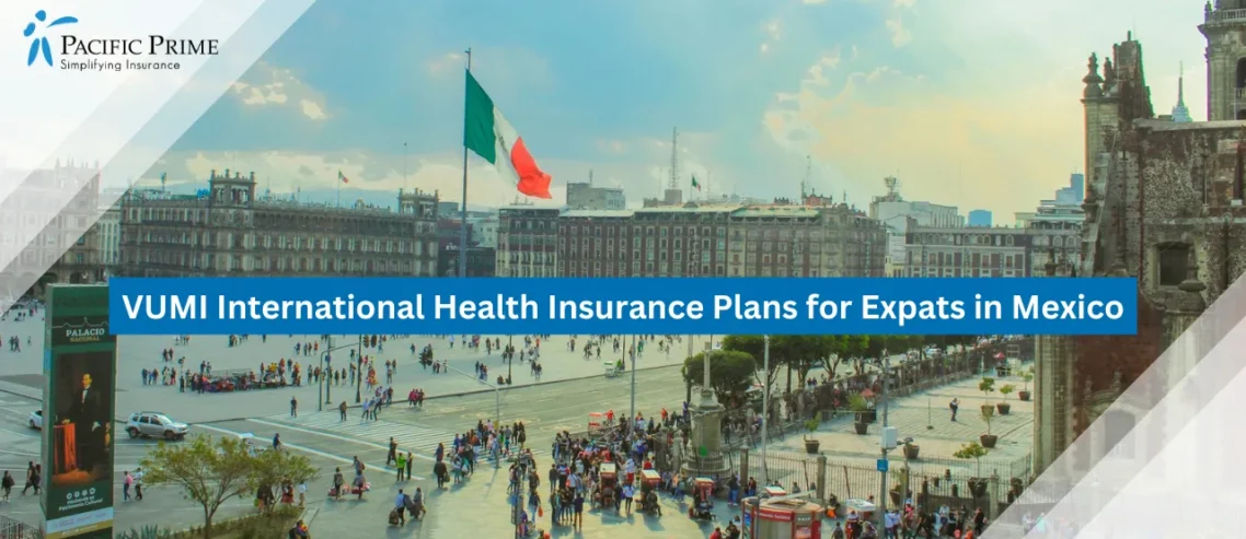 Image of Crowd Of People Walking In Historic City Center Of Mexico City with text overlay of "VUMI International Health Insurance Plans for Expats in Mexico"