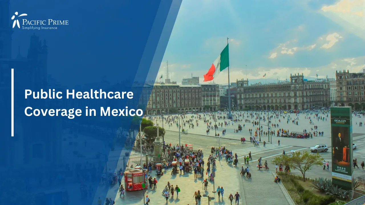 Image of Crowd Walking In Zócalo Square In Central Mexico City with text overlay of "Public Healthcare Coverage in Mexico"