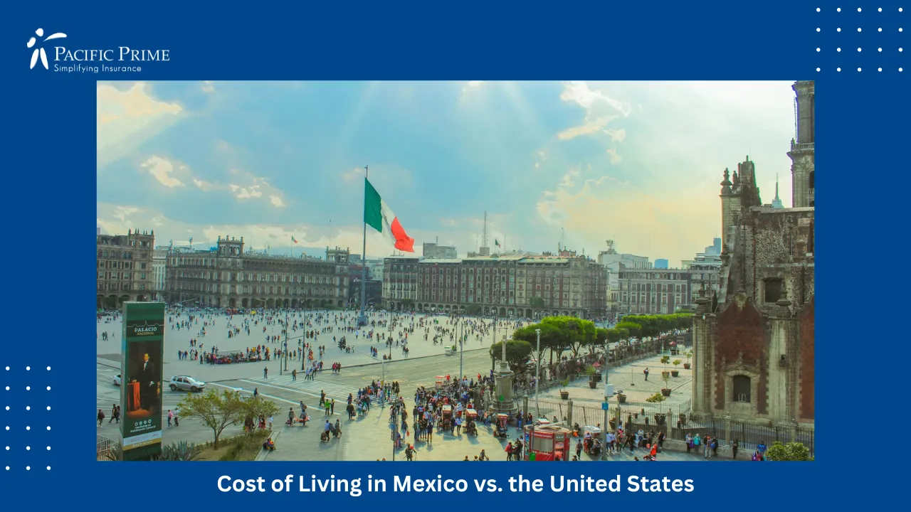 Image of Crowd Walking Through Historic Zócalo Square In Mexico City with text overlay of "Cost of Living in Mexico vs. the United States"