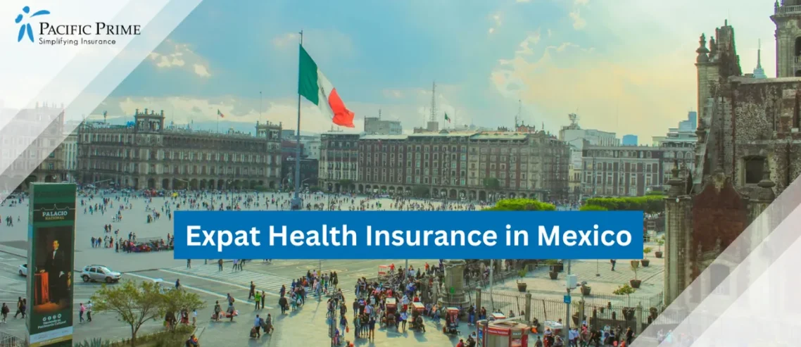 Image of Crowd Walking Through Zócalo In Mexico City's Historic Center with text overlay of "Expat Health Insurance in Mexico"