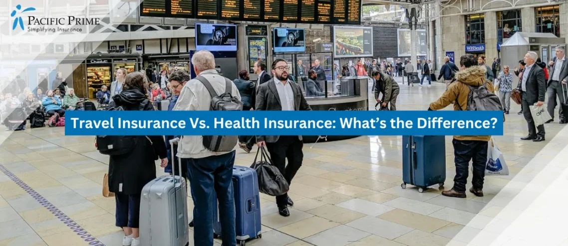 Image of Crowded Railway Platform With Commuters Moving Between Departing Trains with text overlay of "Travel Insurance Vs. Health Insurance: What’s the Difference?"