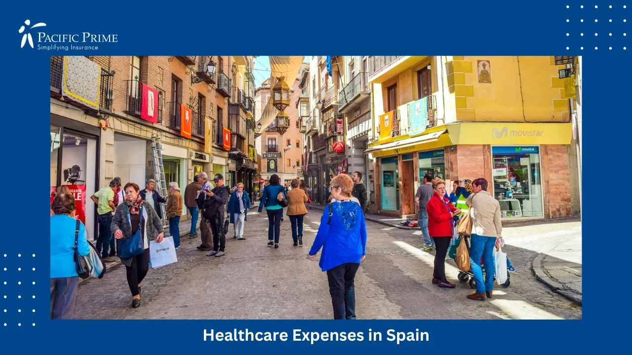 Image of Crowded Street In Toledo With Colorful Buildings And Lively Atmosphere with text overlay of "Healthcare Expenses in Spain"