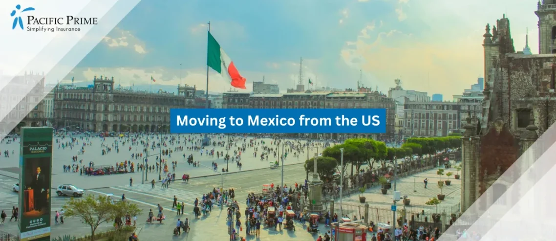 Image of Crowds At Zócalo Square In Mexico City’s Historic Center with text overlay of "Moving to Mexico from the US"