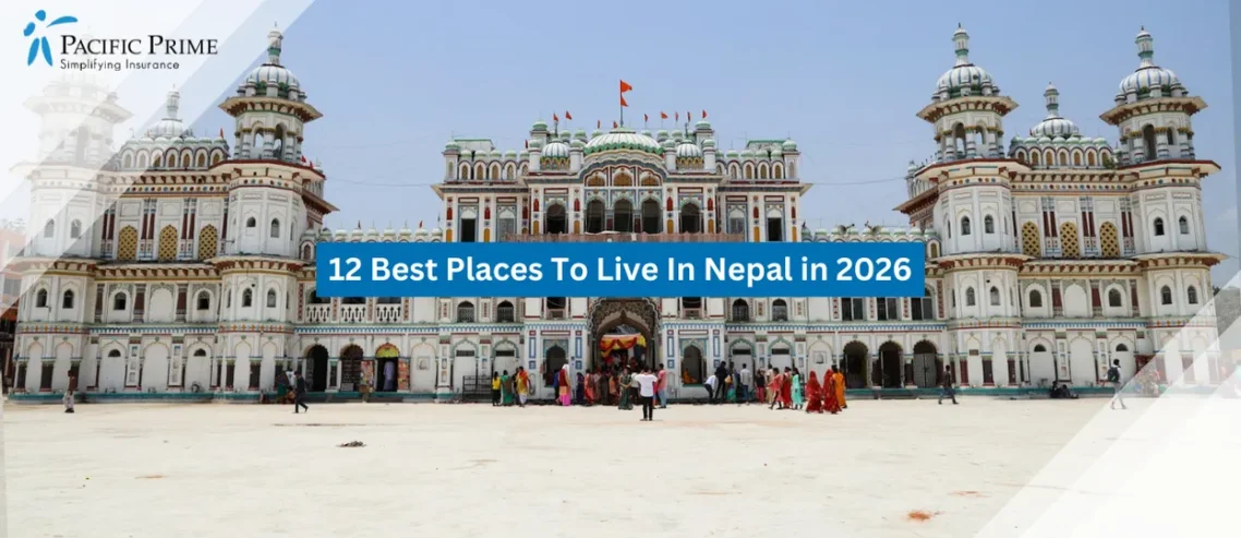 Image of Crowds Gather Outside Janakpur Dham’s Grand White Temple In Nepal with text overlay of "12 Best Places To Live In Nepal in 2026"