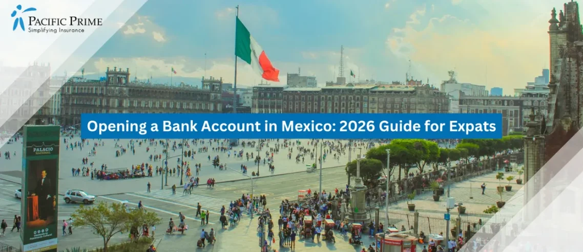 Image of Crowds Moving Through Zócalo Square In Mexico City’s Historic Center with text overlay of "Opening a Bank Account in Mexico: 2026 Guide for Expats"