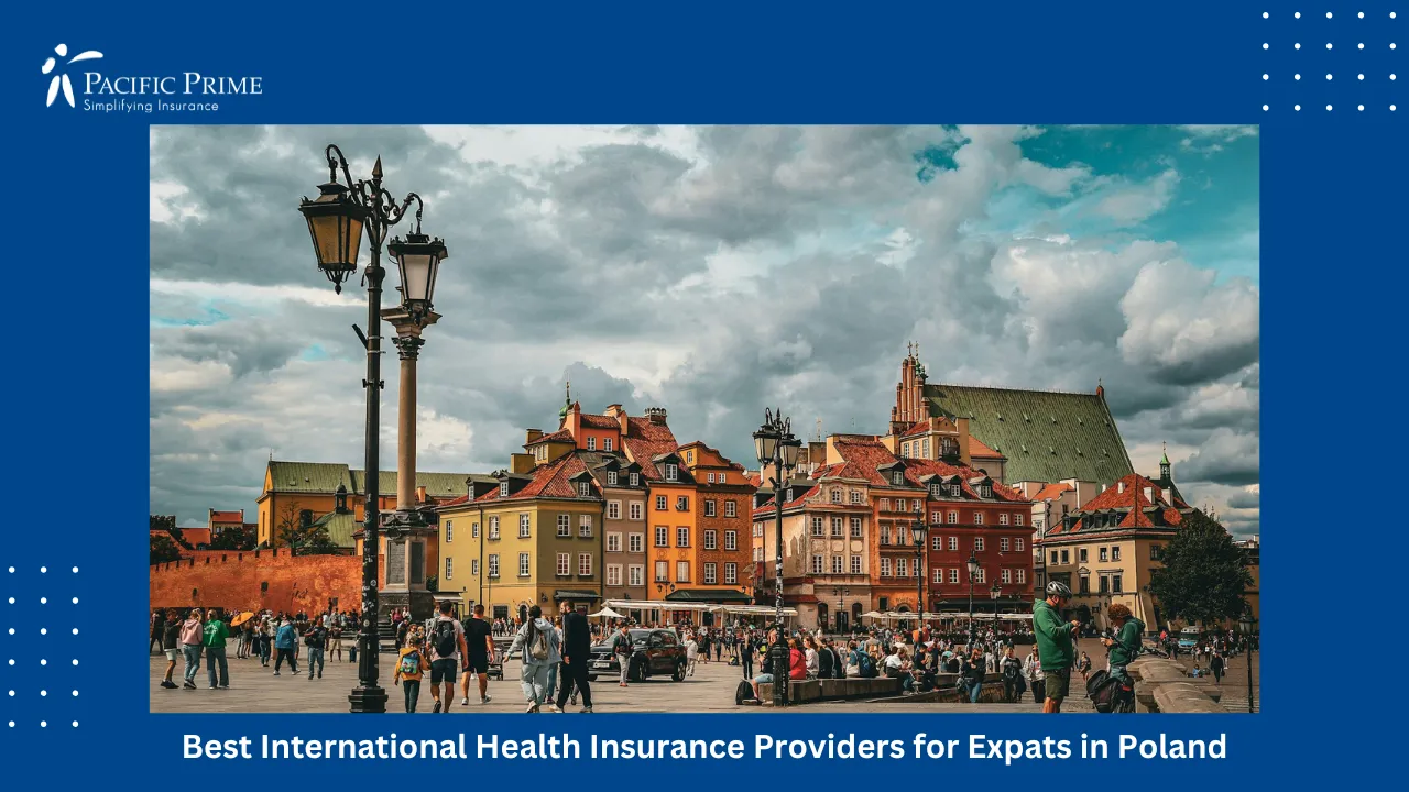 Image of Crowds Strolling Across A Main City Square In Warsaw, Poland with text overlay of "Best International Health Insurance Providers for Expats in Poland"