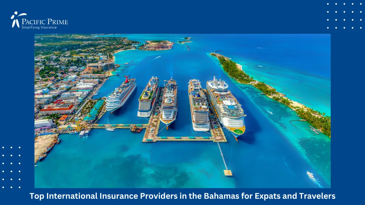 Image of Cruise Liners Docked Along Nassau Harbor With Coastal Cityscape Views with text overlay of "Top International Insurance Providers in the Bahamas for Expats and Travelers"