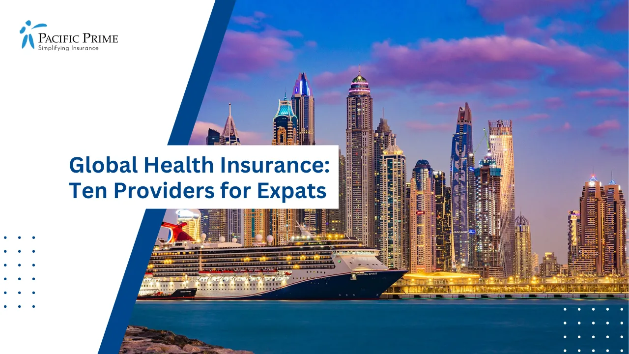 Image of Cruise Ship At Dubai Marina With City Skyline During Sunset with text overlay of "Global Health Insurance: Ten Providers for Expats"