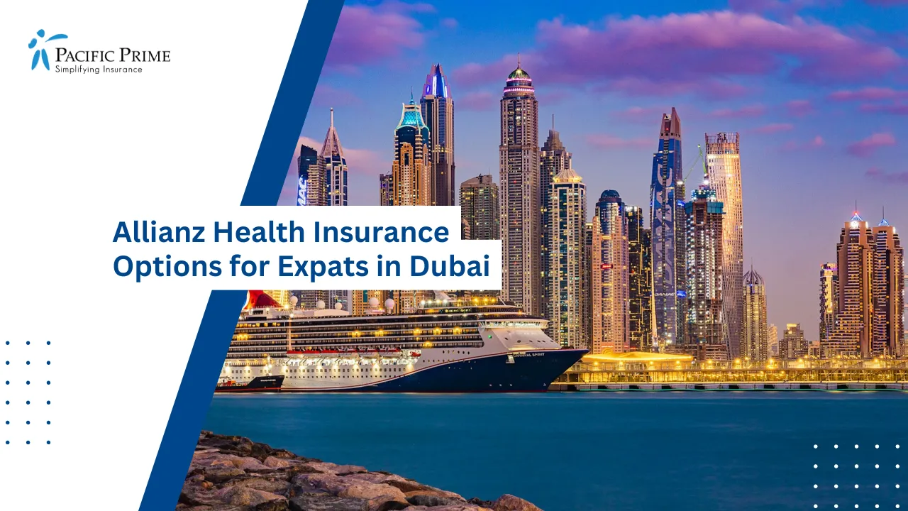 Image of Cruise Ship At Dubai Marina With Sunset City Skyline Backdrop with text overlay of "Allianz Health Insurance Options for Expats in Dubai"