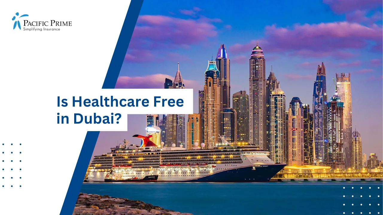 Image of Cruise Ship At Sunset Near Dubai Marina Skyline with text overlay of "Is Healthcare Free in Dubai?"